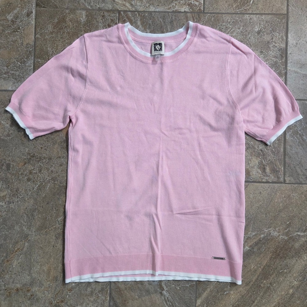 Anne Klein Cute Pink Short Sleeve Sweater White Trim Crew Neck Knit Top Size M‎